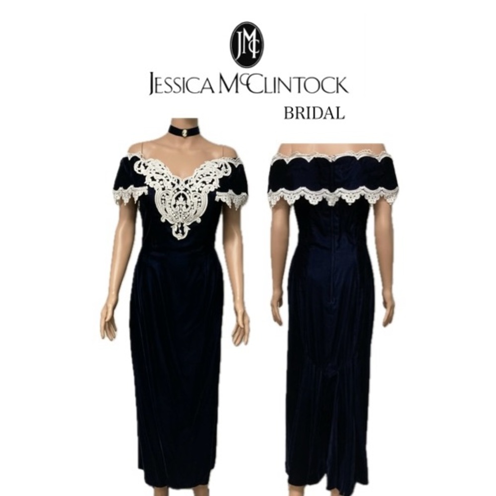 EUC (wore 1x) Vintage Jessica McClintock Bridal label. Navy Off Shoulder 9/10